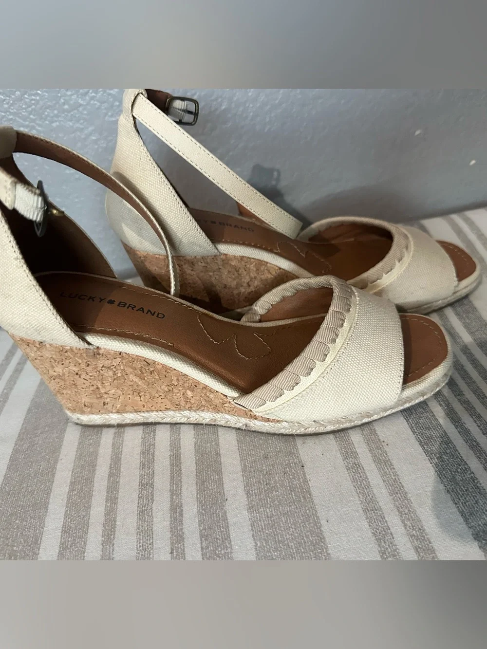 Lucky Brand Cream Canvas Cork Wedge Sandals
